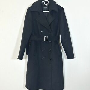 Escalier Womens Double Breasted Wool Blend Trench Coat I Black Belted I Size S